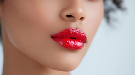 Fototapeta premium Glossy red lips close-up with smooth skin texture on clean white background, elegant beauty and makeup concept showing sensual lipstick shine, minimal aesthetic for cosmetics advertising, branding