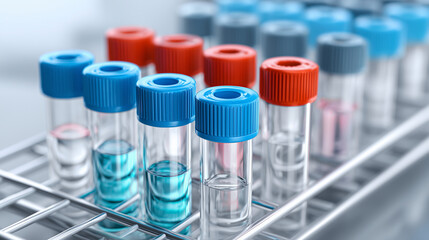Laboratory cryovials arranged in a storage rack with liquid samples, clean clinical research concept for biotechnology, diagnostics, medical testing, pharmaceutical studies, science presentations 