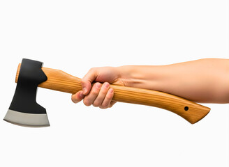 A hand holding a wooden handled axe with a black and silver head isolated on white background