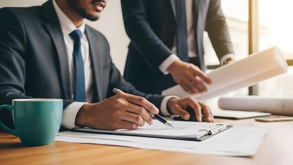 Two businessmen in dark suits collaborating over documents at a bright office table while one reviews paperwork and the other holds blueprints