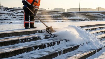 Man shoveling snow on outdoor staircase