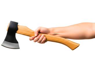 A hand holding a wooden handled axe with a black and silver head isolated on transparent background