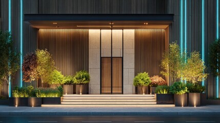 A modern building facade with a glass entrance and neon lights at night.