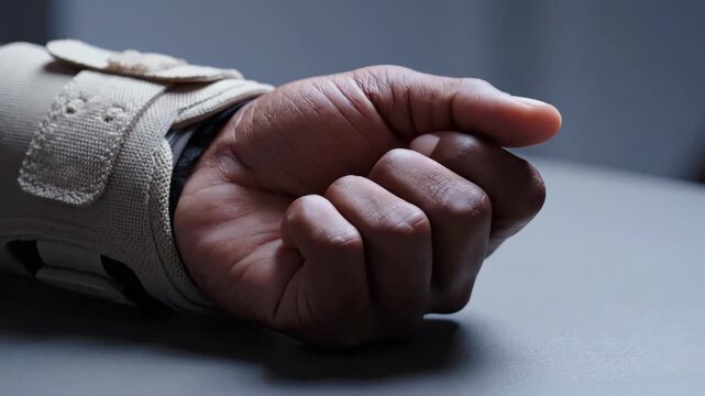 A hand wearing a wrist splint performs gentle clenching exercises. Physical therapy for recovery from an injury like a sprain or carpal tunnel. Medical rehabilitation concept