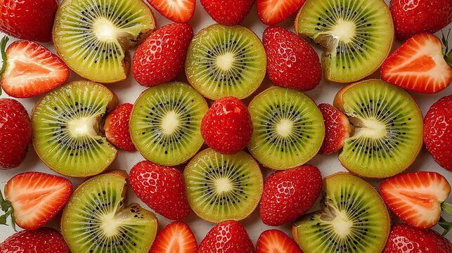 Vibrant close-up of fresh sliced kiwi and whole strawberries arranged beautifully. Healthy fruit background, perfect for diet, nutrition, and summer concepts. Delicious juicy berries. - Powered by Adobe