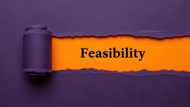 Unveiling the concept of feasibility through a creative tear in vibrant purple paper revealing bright orange background and black text