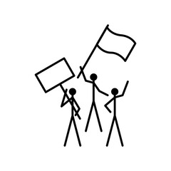 Protest Stick Figure Vector Icon. Activists holding banners and flags during a demonstration or political rally. Minimalist line art for activism, protest, and social movement.