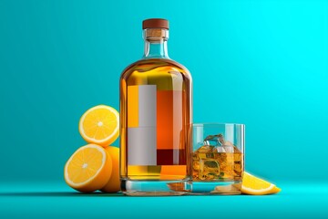 Studio shot of alcohol free whiskey substitute bottle, healthy lifestyle, branding style