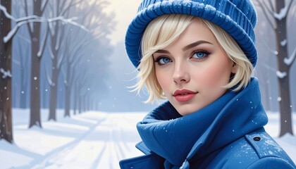 a blonde woman with short hair wearing a blue coat and a hat standing outdoor in the park on a snowy day, fashion photography, fall winter collection
