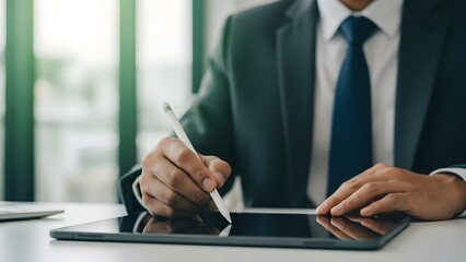 Businessman in formal suit signing digital document on tablet with stylus pen in a bright modern office setting for electronic contract completion