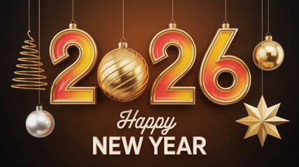 Elegant Happy New Year 2026 greeting with festive golden and red hangi
