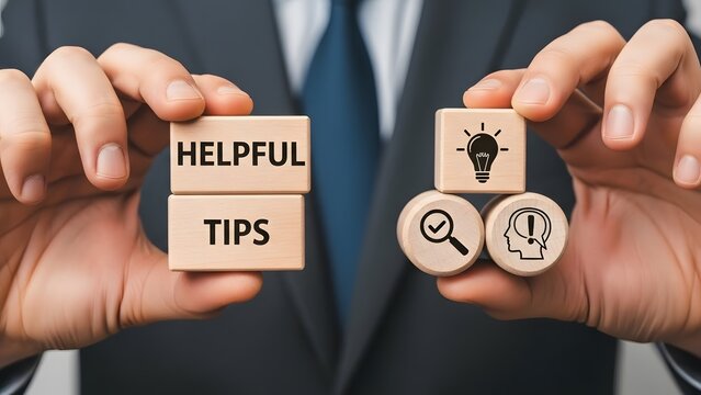 Businessman presenting helpful tips blocks alongside wooden icons symbolizing idea generation research and critical thinking in professional business concept