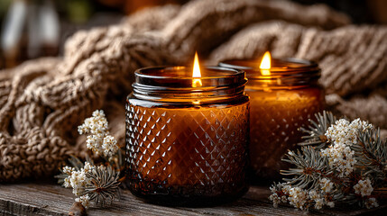46.Soy candles burning in rustic brown glass jars, warm golden glow creating a cozy home atmosphere with soft winter decor elements