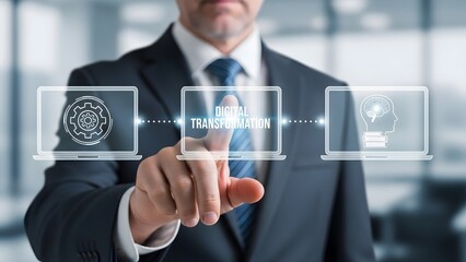 Businessman pointing to digital transformation concept featuring process improvement knowledge and technology integration on a glowing screen interface in a modern business setting