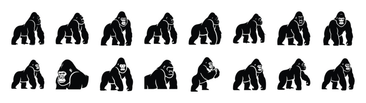 gorilla icons collection. Animal icon set. Isolated on White background