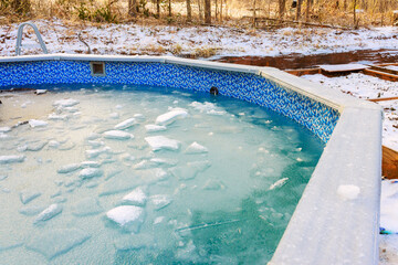 Pool covered in ice chunks sits in peaceful backyard with snow covered ground