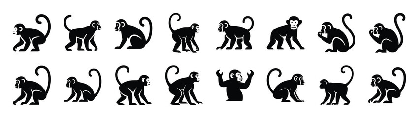 monkey icons collection. Animal icon set. Isolated on White background