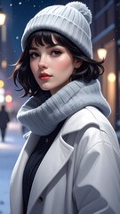 Obraz premium a brunette woman with short hair wearing a light grey coat and a hat standing outdoor on a snowy night, fashion photography, fall winter collection