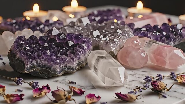 Close-up of various natural healing crystals including purple amethyst, pink rose quartz, and clear quartz points, artfully arranged on a white marble surface with scattered dried rose petals.