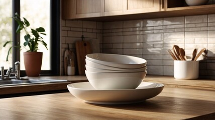 A serene kitchen scene featuring stacked white ceramic bowls atop a larger plate, bathed in warm, natural light.