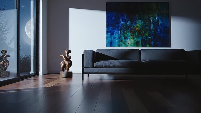 Modern minimalist living room at night with a dark sofa, abstract painting, and a large window showcasing a full moon and starry sky, suitable for luxury home aesthetics, relaxation, and interior.