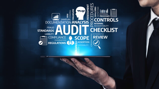 Businessman Presenting Digital Tablet with Audit Concept and Keywords on Blue Background, Representing Analysis, Compliance, Procedures, and Review. Tessel. - Powered by Adobe