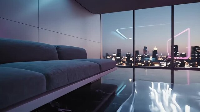 Sleek modern minimalist living room with abstract neon lighting and a comfortable sofa overlooking a blurred futuristic city skyline at dusk, ideal for luxury lifestyle and urban corporate lounge.