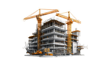 Modern building construction site with two large yellow tower cranes actively working on a new high-rise urban development project. isolated on transparent background