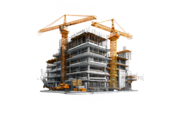 Modern building construction site with two large yellow tower cranes actively working on a new high-rise urban development project. isolated on transparent background