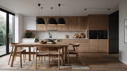 Modern kitchen with a warm wood finish, featuring a dining table surrounded by stylish chairs and pendant lighting.