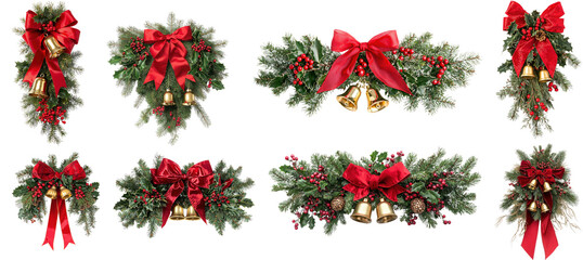 Christmas wreath with red bows and bells, decorated with holly and berries, png transparent