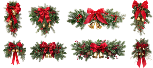 Christmas wreath with red bows and bells, decorated with holly and berries, png transparent