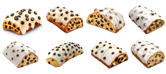 Various types of pastries with chocolate chips and icing, including a cinnamon bun and a croissant.