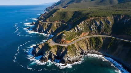 Aerial view of a breathtaking winding coastal road traversing dramatic ocean cliffs, revealing the expansive blue sea and powerful waves crashing against the rugged shoreline below