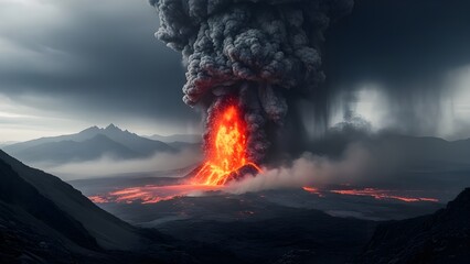 Dramatic explosive volcanic eruption featuring a towering lava fountain and a massive column of dark ash rising into the stormy sky. Glowing molten lava spreads across the barren volcanic landscape