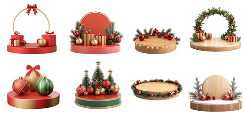 Christmas-themed podiums with ornaments and gift boxes.