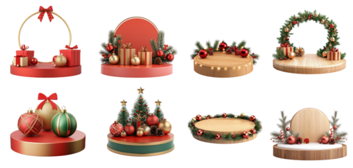 Christmas-themed podiums with ornaments and gift boxes.