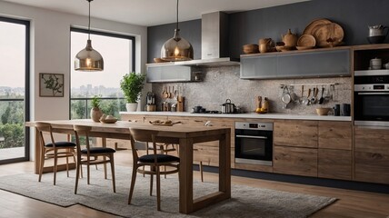 Contemporary kitchen design featuring a wooden table and modern fixtures with large windows creating a bright ambiance.