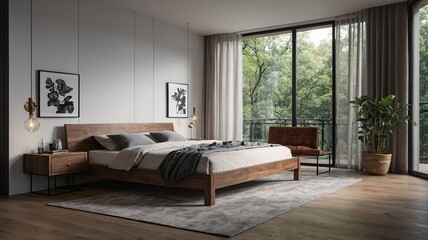 A serene modern bedroom featuring a wooden bed, large windows, and stylish decor, ideal for relaxation and comfort.