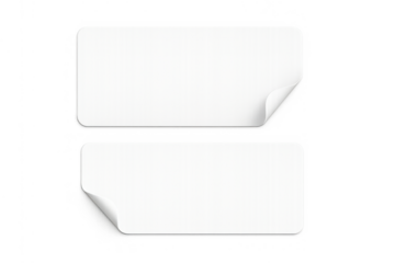 White blank stickers with curled corners, offering space for custom text or logo, transparent background