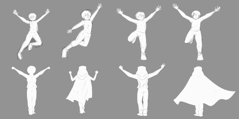 Line art illustrations depicting joyful figures in dynamic poses and varied clothing