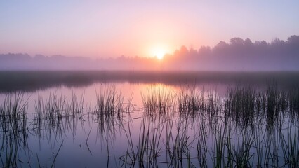 Serene sunrise over misty lake with reflections and aquatic plants