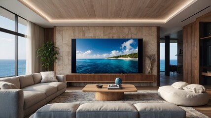 Modern living room with a stunning ocean view displayed on a large TV.