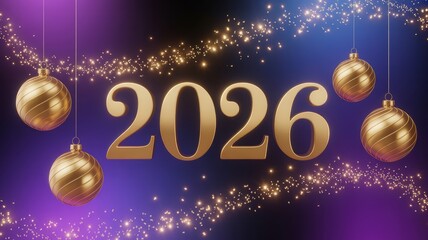 Elegant golden 2026 New Year celebration with festive ornaments and sp