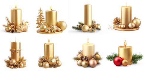 Golden Christmas candles with ornaments and pine cones on a png transparent