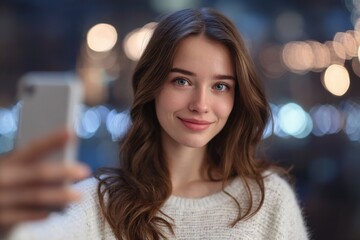 Bright city nightlife backdrop accentuates influencer's cheerful selfie while live streaming on social media platform