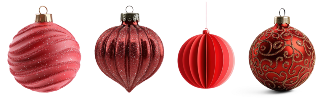 Four red Christmas ornaments with a png transparent - Powered by Adobe