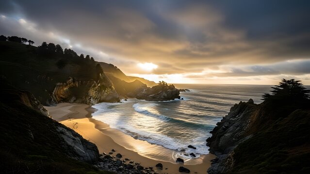 Serene sunset over a secluded beach with rugged cliffs and rocky shoreline - Powered by Adobe