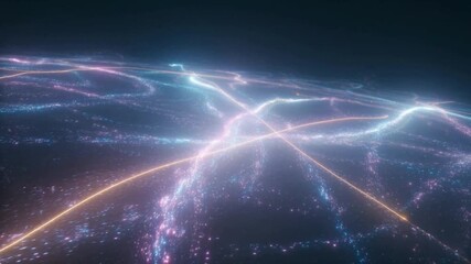 Abstract visualization of glowing light trails representing global data flow and complex digital network connections across a dark surface - Powered by Adobe