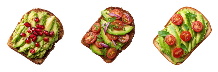 Top View of Colorful Avocado Toast with Fresh Ingredients Isolated on Transparent Background